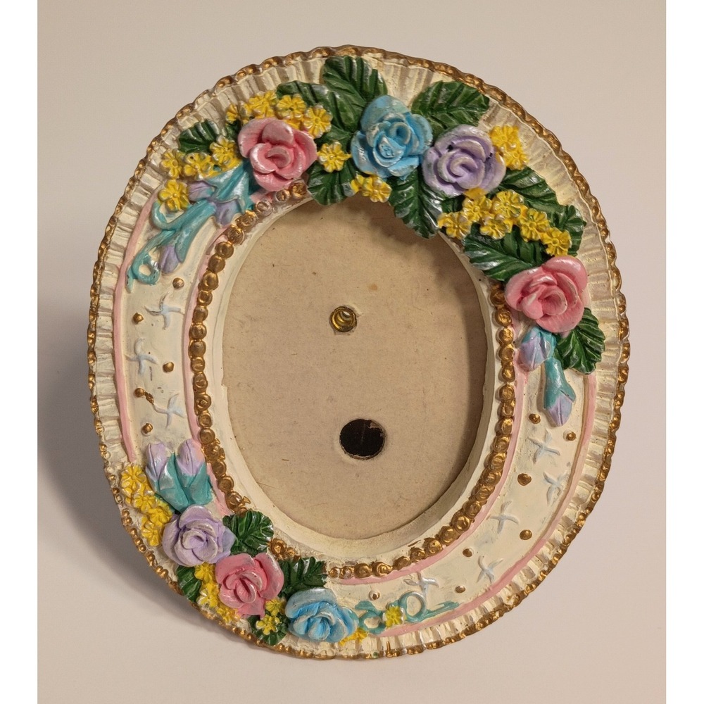 Vtg Resin Photo‎ Frame Colorful Roses Victorian Decor Country Small 4x3.5"